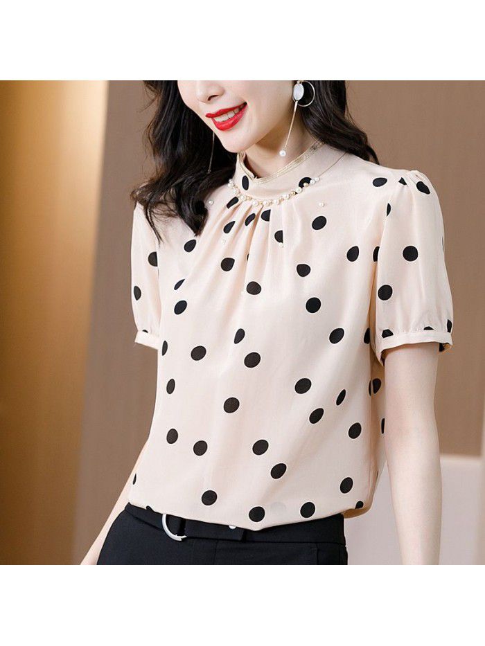 Polka dot printed silk shirt women's short sleeve loose new fashion foreign style stand collar Pullover mulberry silk top spring and summer 