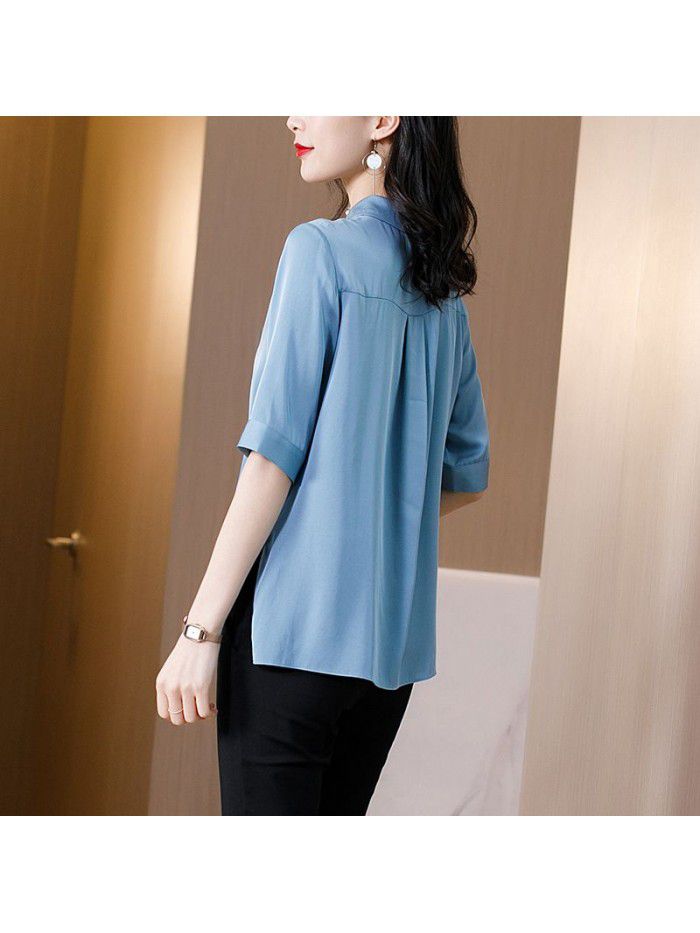Heavyweight silk shirt women's middle sleeve design small crowd hollow collar  summer new mulberry silk half sleeve top 