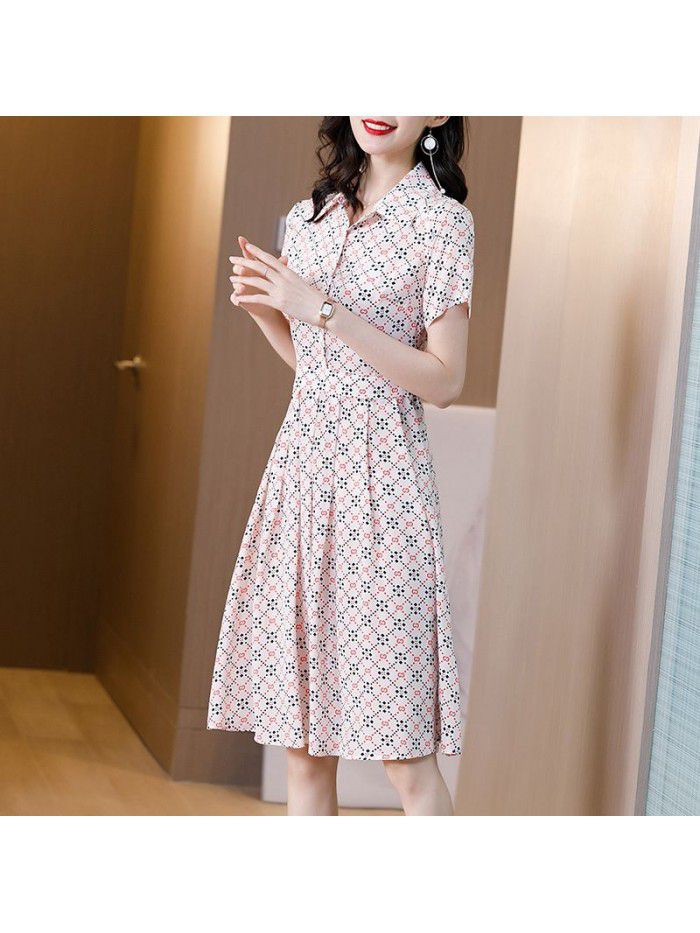 Mulberry silk skirt  spring and summer new short sleeve Lapel Plaid waist slim silk dress girl 