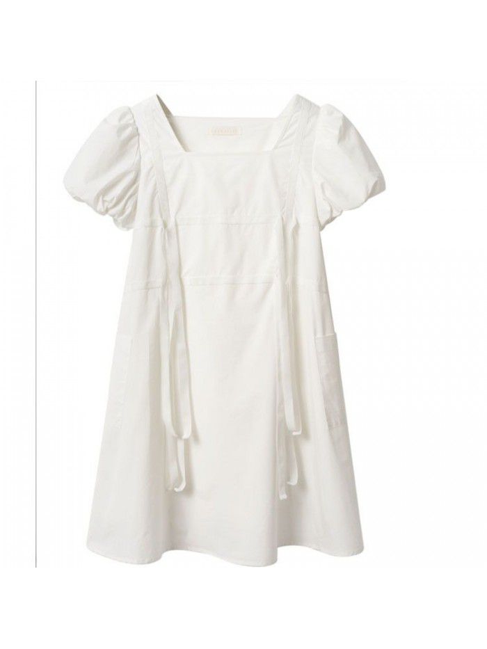Net red bubble sleeve dress women's summer  new French square neck loose and thin ribbon skirt 