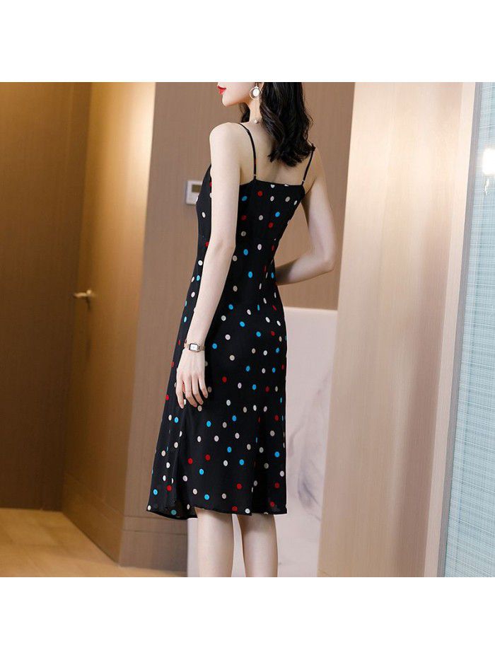 Silk suspender skirt  summer new women's wear color wave spot seaside tourism silk dress long skirt women's dress 