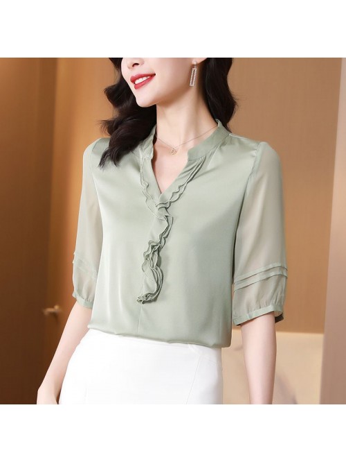 Silk shirt women's  spring and summer new V-n...