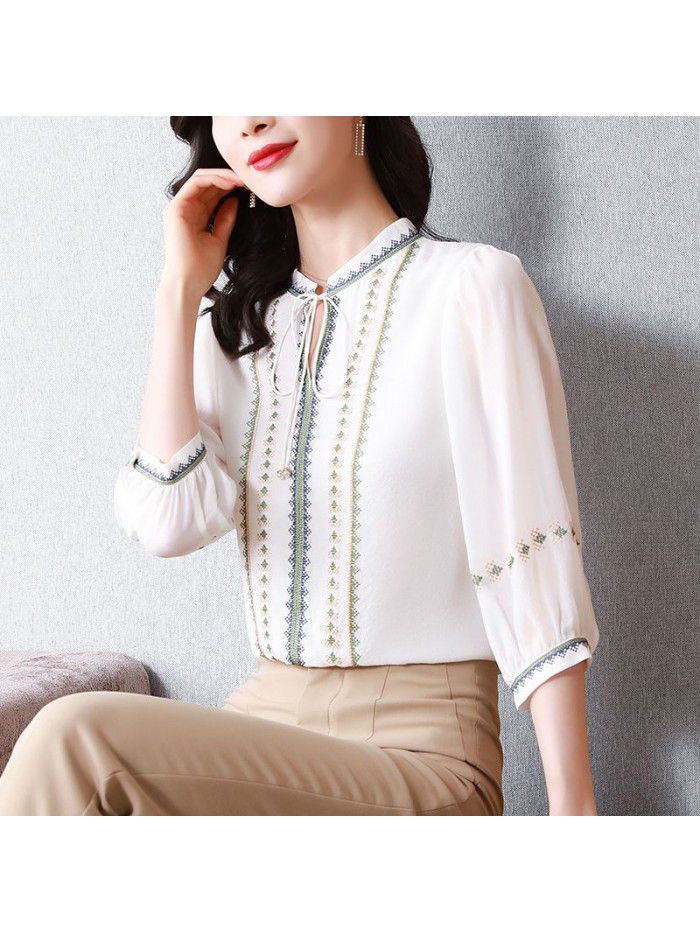 Silk shirt women's new quarter sleeve light ripe mulberry silk design top in spring  