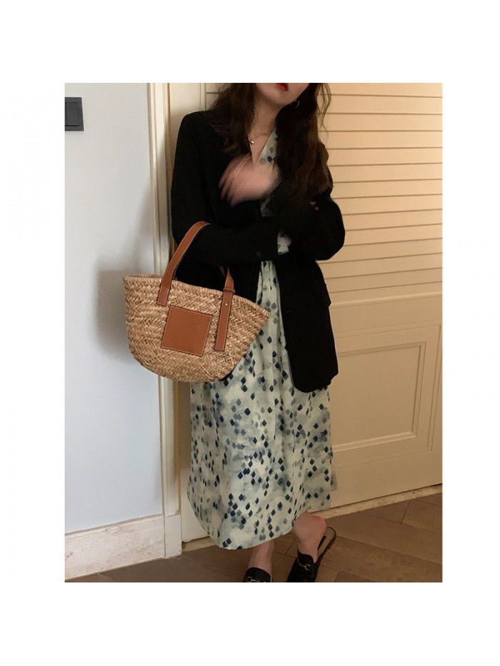 spring fashion commuting high waist slim V-neck floral dress (rhombic / blue) A-line medium length skirt 