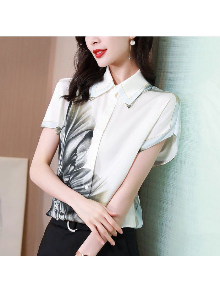 White heavyweight silk top short sleeve  summer new fashion print wide pine mulberry silk shirt 