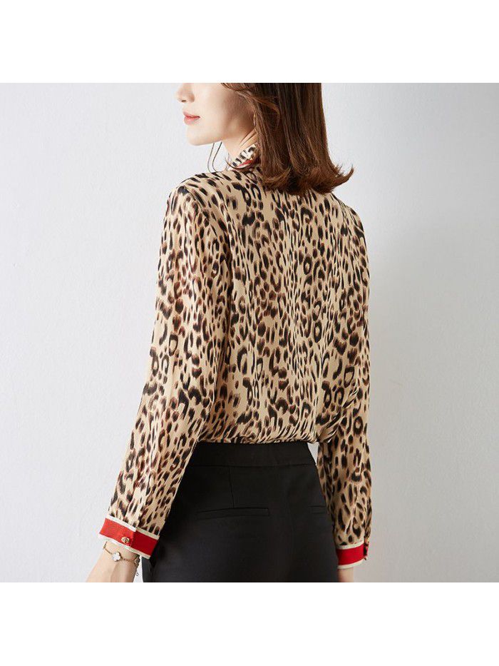 spring new heavy silk shirt women's long sleeve fashion Leopard Print Shirt shows thin temperament mulberry silk top 