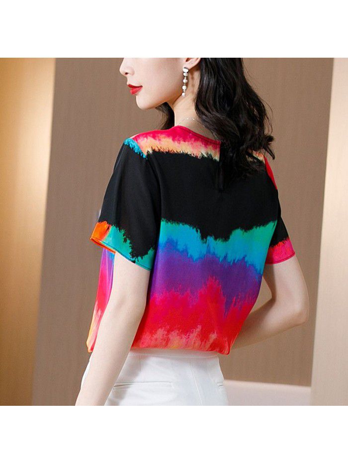 Silk graffiti T-shirt women's  summer new casual top Hong Kong Style loose short sleeve mulberry silk top 