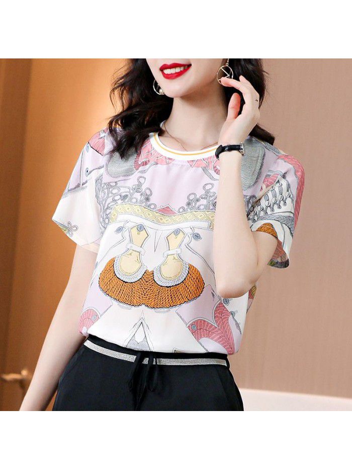 Silk shirt female  summer new short sleeve T-shirt round neck loose and thin casual silk top 