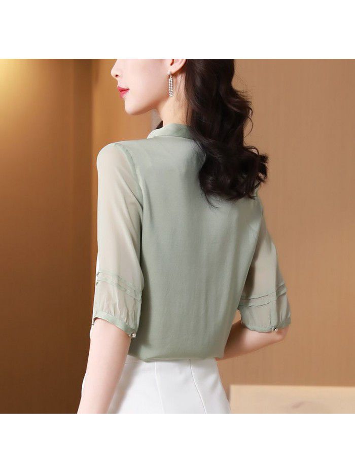 Silk shirt women's  spring and summer new V-neck design sense niche top lotus leaf mulberry silk shirt 