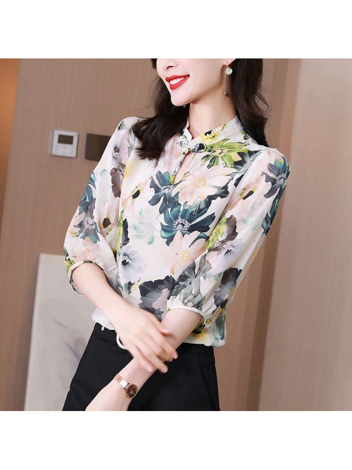 Heavyweight silk shirt mid sleeve  summer new style design sense minority temperament mulberry silk floral top 