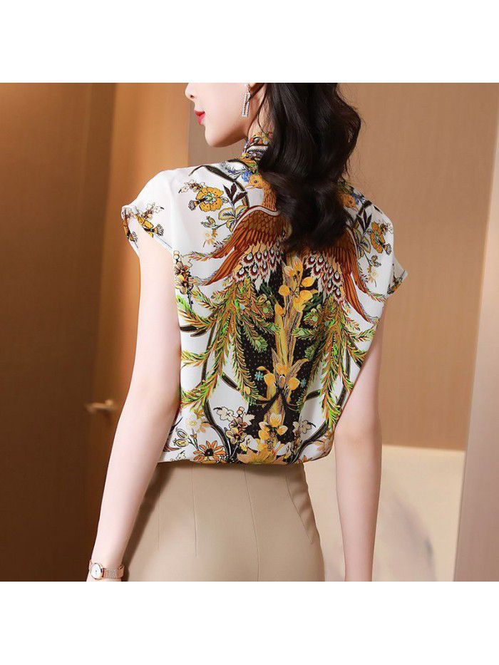 French Silk Shirt Short Sleeve  summer new loose casual printing silk lined top women's wear 