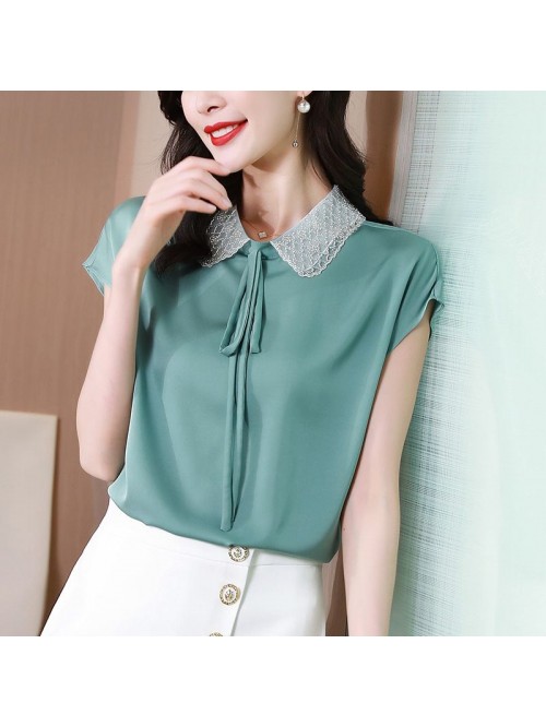 Heavyweight silk shirt advanced short sleeve women...