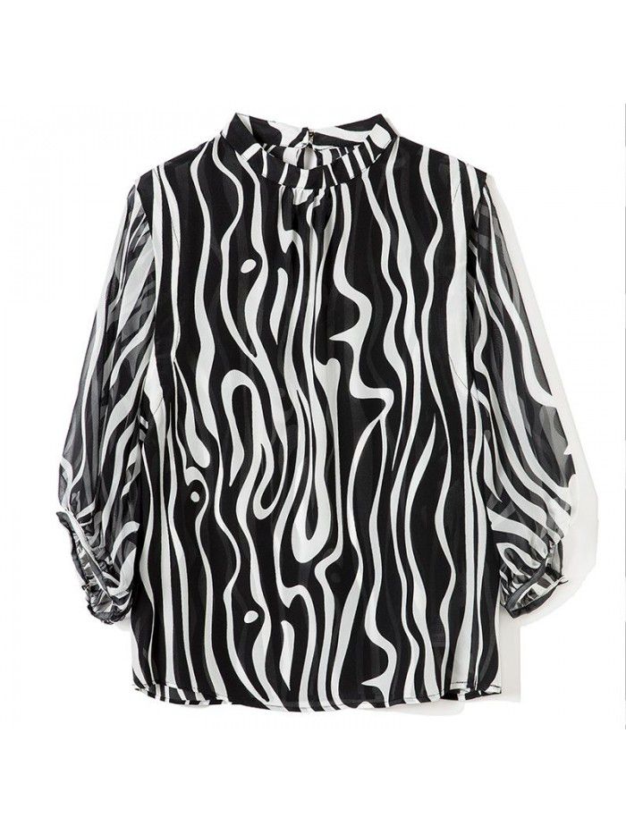 Zebra pattern silk shirt women's  summer new stand collar versatile silk shirt loose top women's wear 
