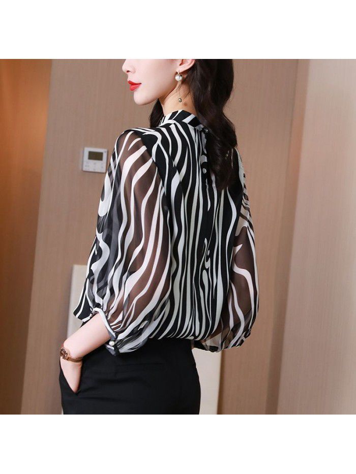 Zebra pattern silk shirt women's  summer new stand collar versatile silk shirt loose top women's wear 