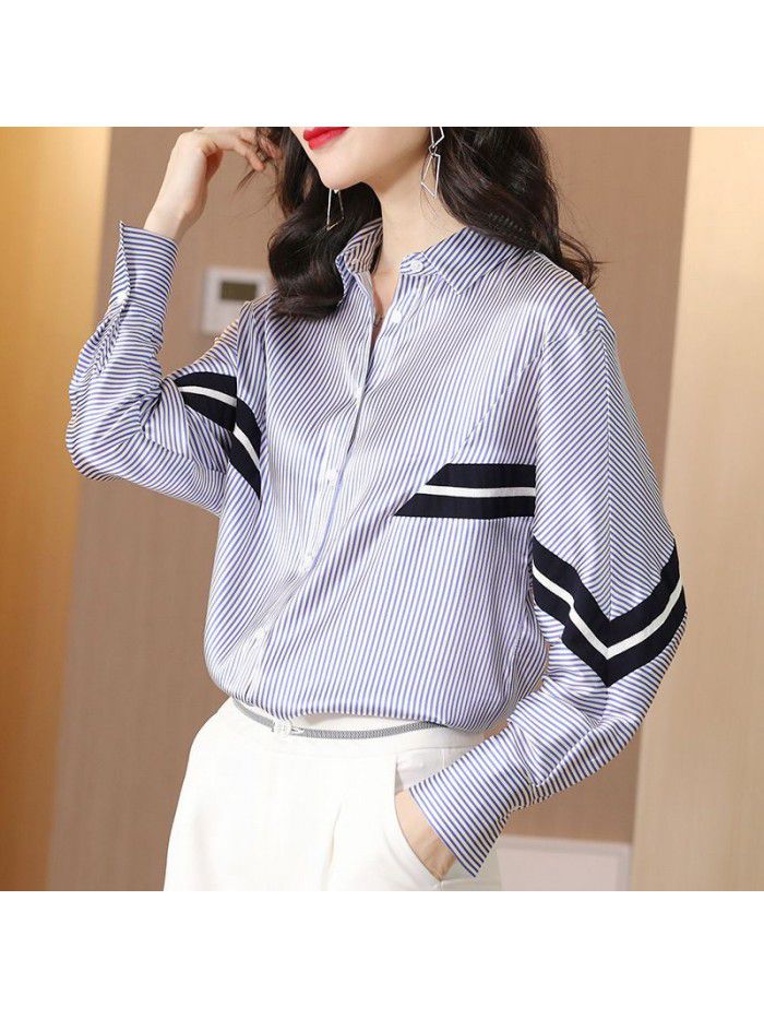 Stripe contrast shirt long sleeve  spring new loose large casual versatile Bat Sleeve Shirt Top 