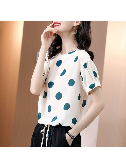 Silk shirt women's polka dot short sleeve T-s...