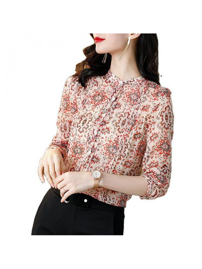 Sand washed silk printed shirt with versatile femininity and pleated design 