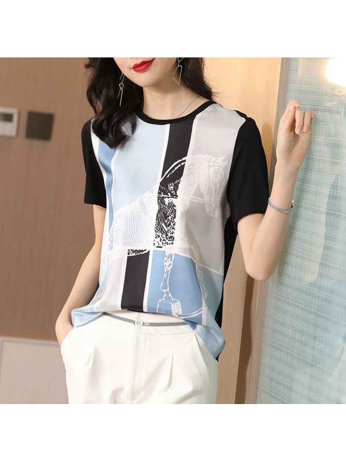 Silk silk short sleeve t-shirt female modal T-shirt  summer new printing fashion loose top 