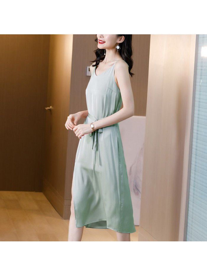 Light mature style dress summer  new style waist close show thin temperament broad lady fashion V-neck pink solid color skirt 