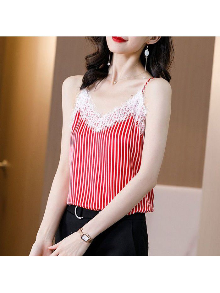 Red striped silk suspender backing  new casual and versatile, sexy V-neck silk vest for women 