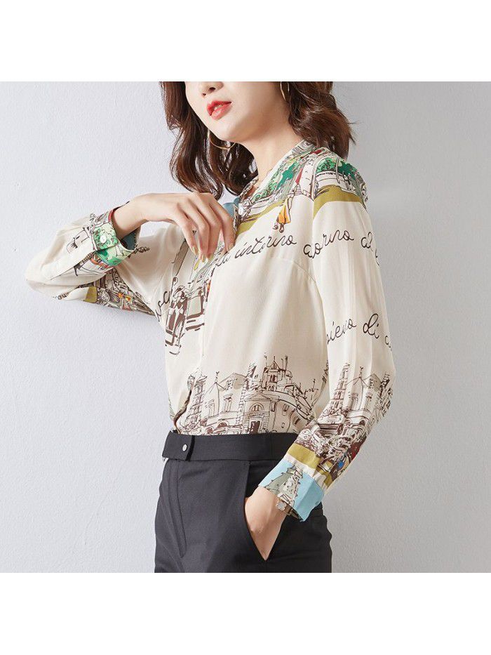 Women's spring new  shirt architectural printing long sleeve mulberry silk temperament standing collar printing heavy silk top 