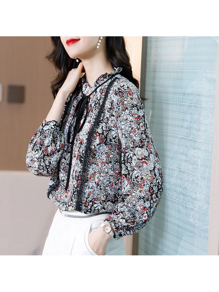 Printed silk shirt women's  spring and winter New Style Lace French retro broken flower wide pine mulberry silk top 