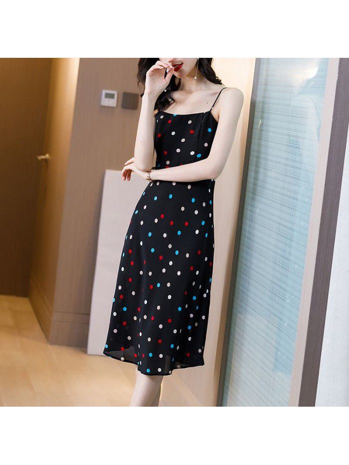 Silk suspender skirt  summer new women's wear color wave spot seaside tourism silk dress long skirt women's dress 