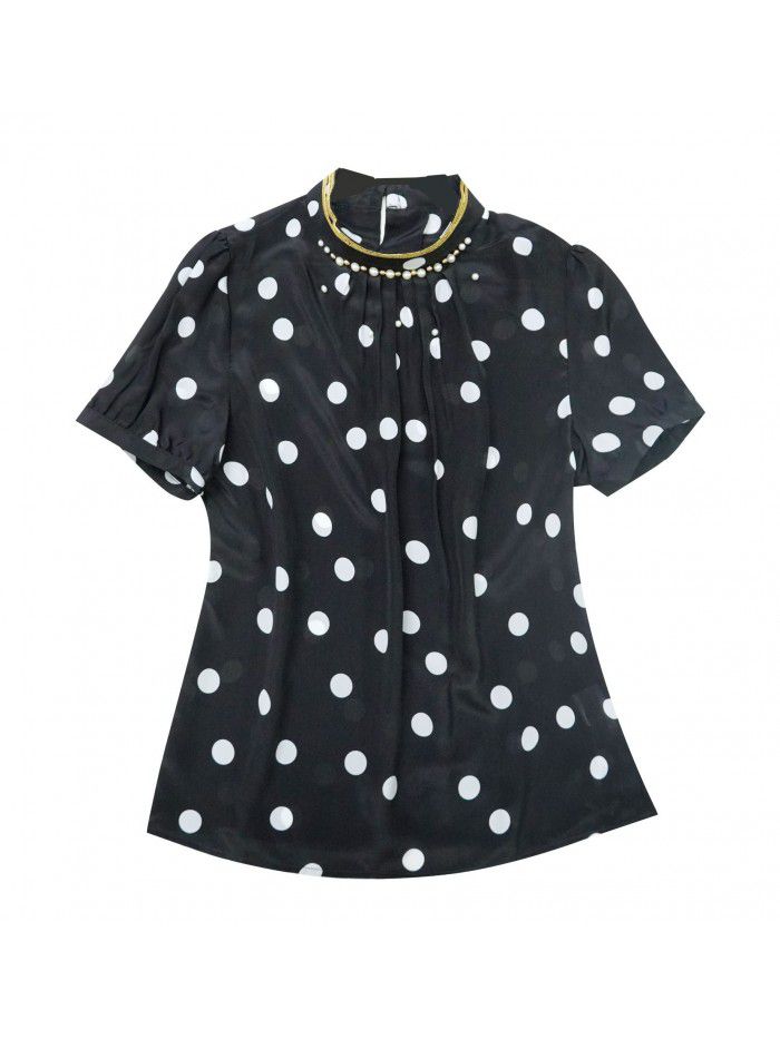 Polka dot printed silk shirt women's short sleeve loose new fashion foreign style stand collar Pullover mulberry silk top spring and summer 