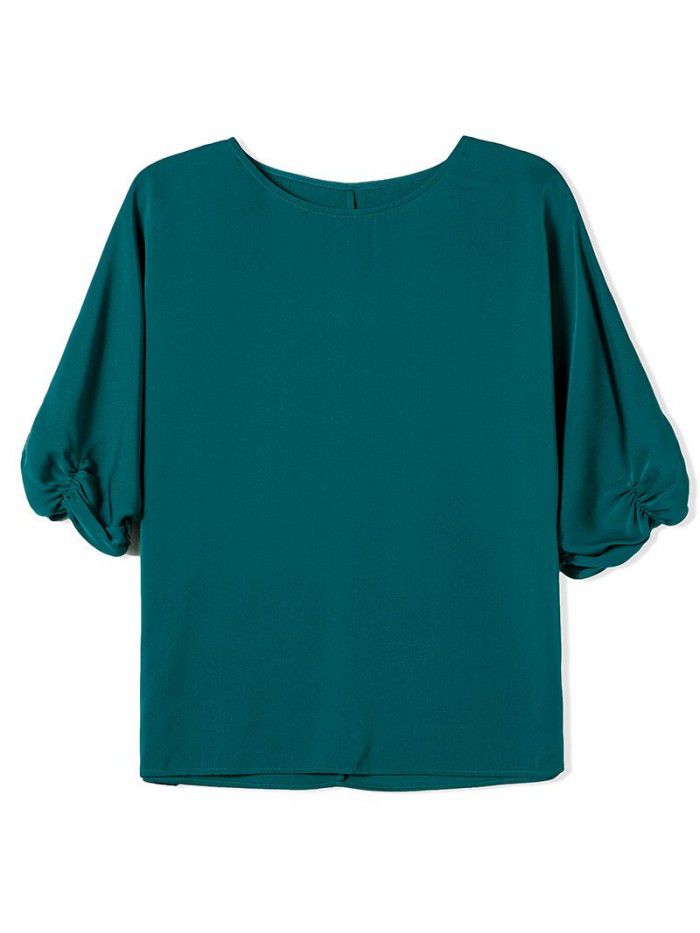 Satin glossy French silk shirt women's short sleeve round neck silk blouse 