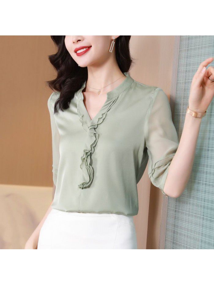 Silk shirt women's  spring and summer new V-neck design sense niche top lotus leaf mulberry silk shirt 