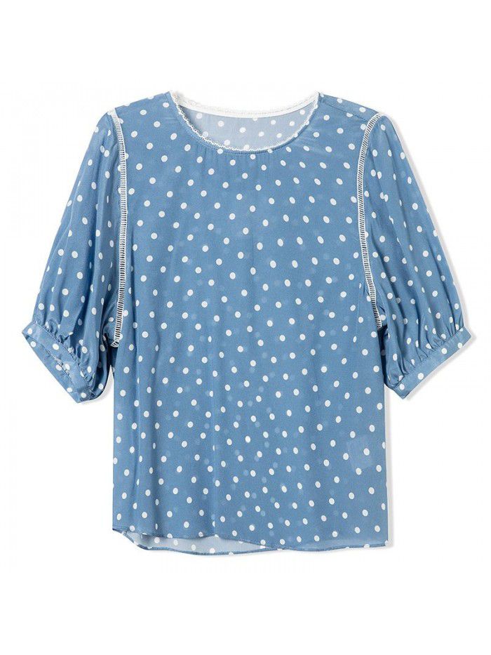 Silk short sleeve shirt  French lace retro wave point spring and summer age reduced blue mulberry silk lantern sleeve top female 
