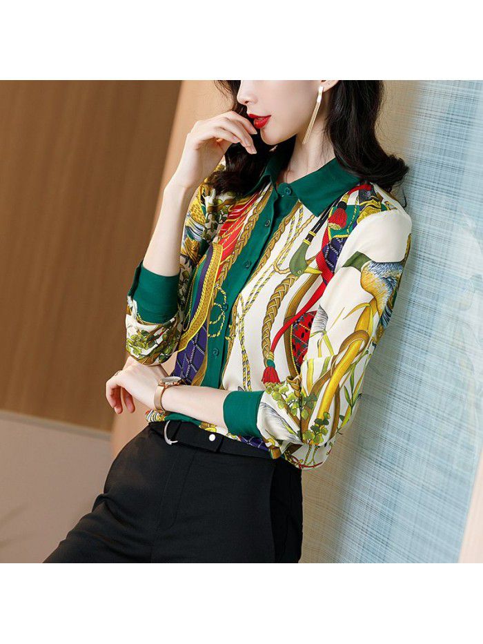 Design sense small group mulberry silk shirt Lapel silk printed shirt long sleeve  spring new women's fashion 
