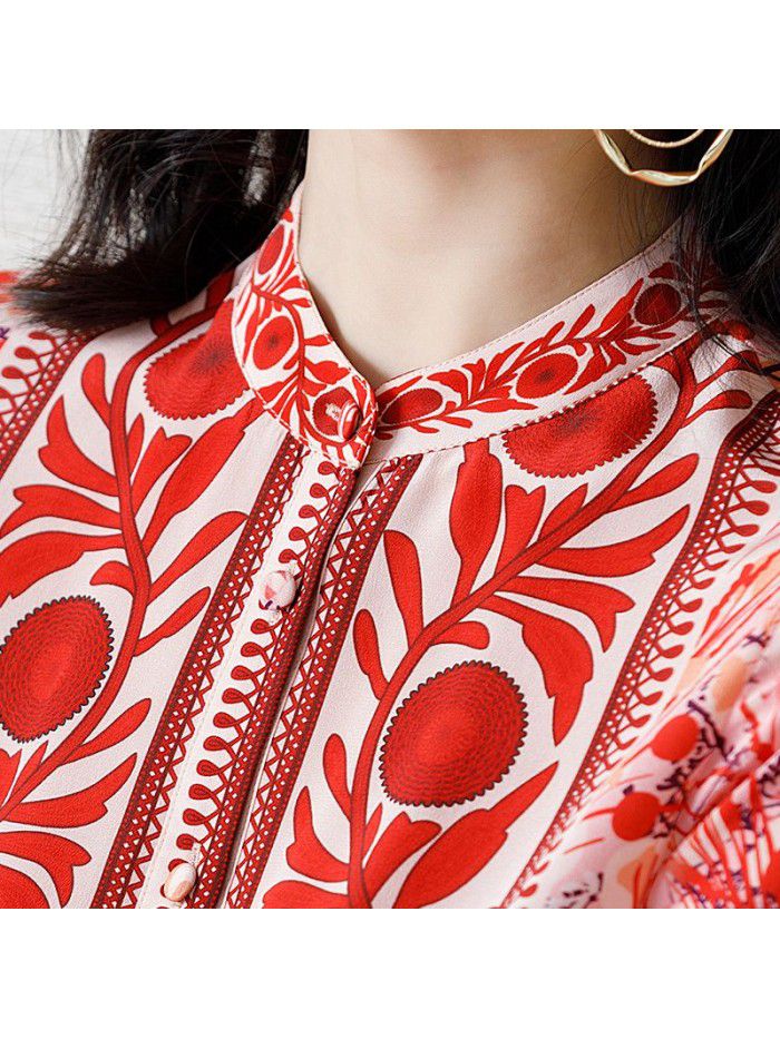 Silk shirt women's long sleeve high end  spring dress new fashion loose retro printing temperament mulberry silk top 