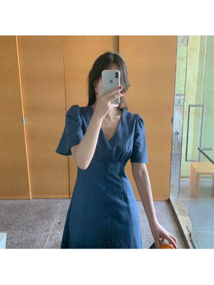 Korean V-neck Platycodon grandiflorum dress with slim waist 