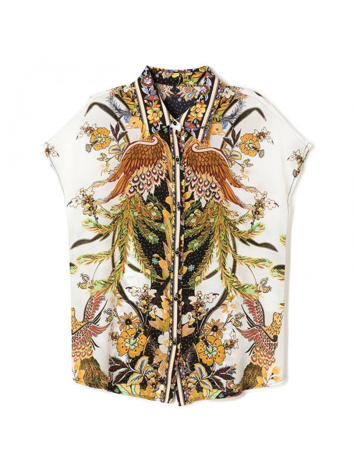 French Silk Shirt Short Sleeve  summer new loose casual printing silk lined top women's wear 