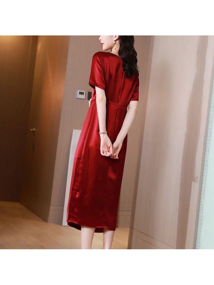 Acetic acid satin dress women's summer  women's new high end celebrity temperament red dress long skirt  Acetic acid satin dress women's summer  women's new high end celebrity temperament red dress long skirt
