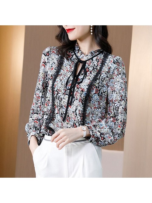 Printed silk shirt women's  spring and winter...