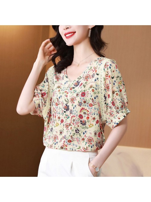 Silk shirt women's Retro French V-neck small ...