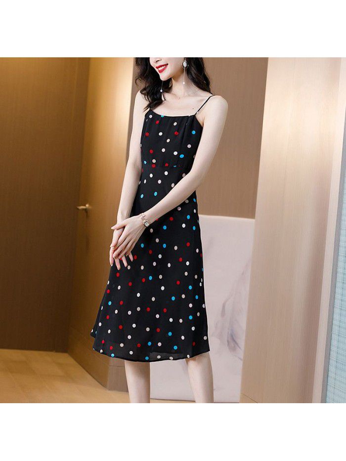 Silk suspender skirt  summer new women's wear color wave spot seaside tourism silk dress long skirt women's dress 