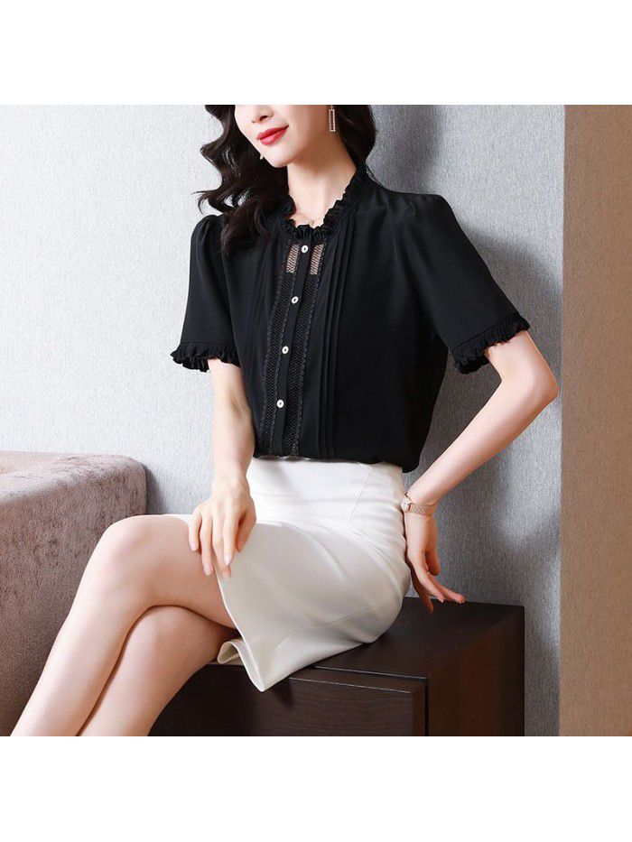 Heavyweight hollow out silk shirt women's  summer new solid color short sleeve shirt temperament half sleeve mulberry silk shirt 