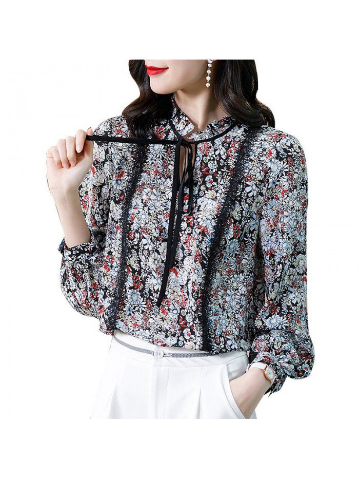 Printed silk shirt women's  spring and winter New Style Lace French retro broken flower wide pine mulberry silk top 