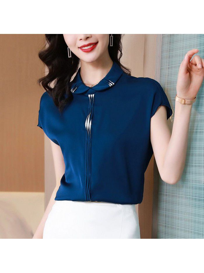 Heavyweight silk shirt women's  summer new fashion doll collar xiaozhongkuan pine mulberry silk design top 