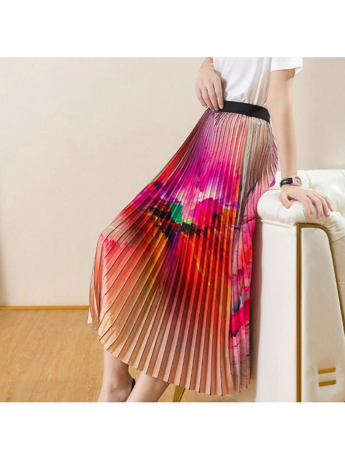 Beach Swing Skirt  summer new abstract pattern high waist drape pleated medium length skirt  Beach Swing Skirt  summer new abstract pattern high waist drape pleated medium length skirt