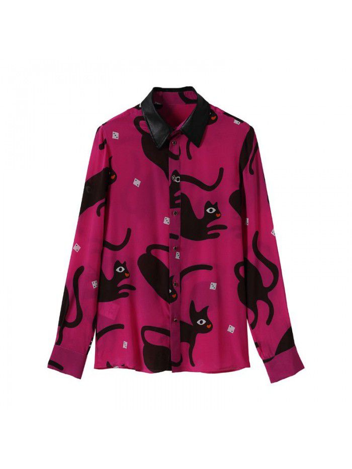 Heavyweight silk shirt women's  spring new fashion foreign style Abstract cat print versatile silk blouse women 