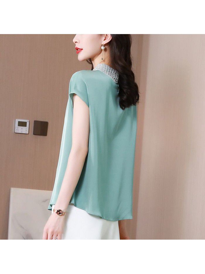 Heavyweight silk shirt advanced short sleeve women's  summer new foreign style loose Satin Silk Top 