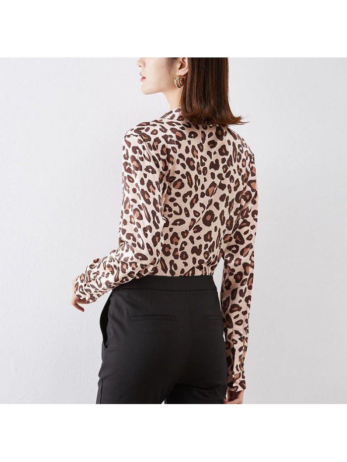Leopard print silk shirt  spring women's new simple casual Satin shirt silk top 