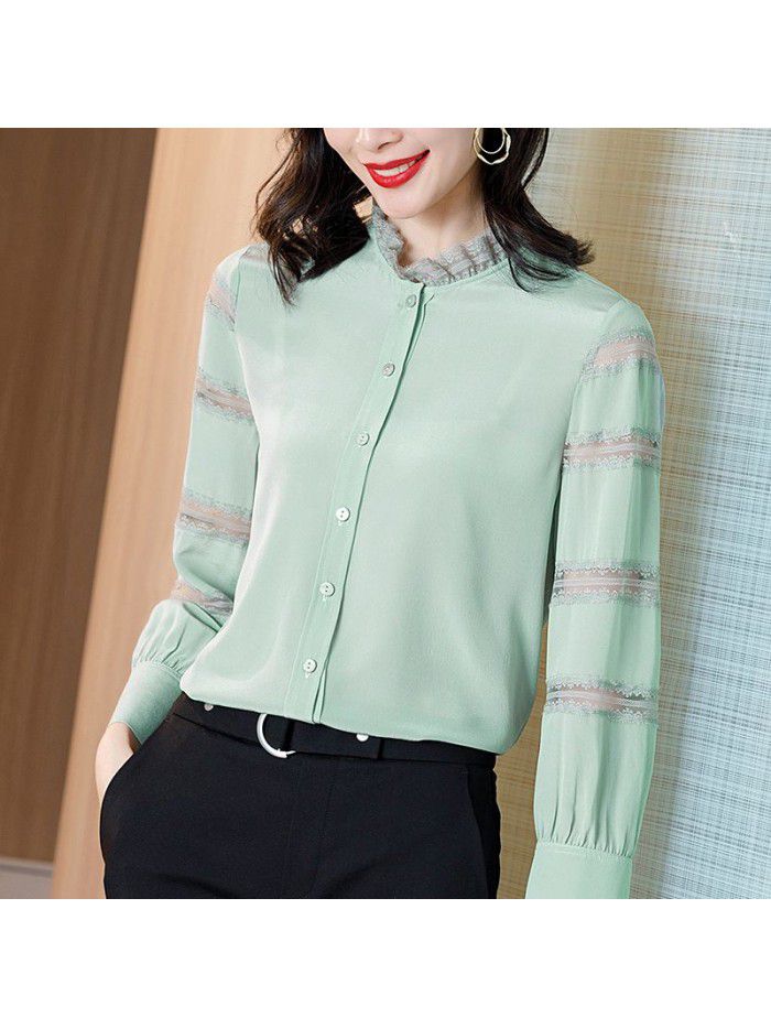 spring new style foreign style top minority lace split sleeve stand collar splicing silk shirt female mulberry silk shirt 