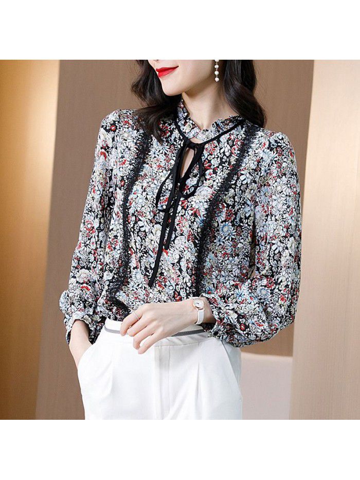Printed silk shirt women's  spring and winter New Style Lace French retro broken flower wide pine mulberry silk top 