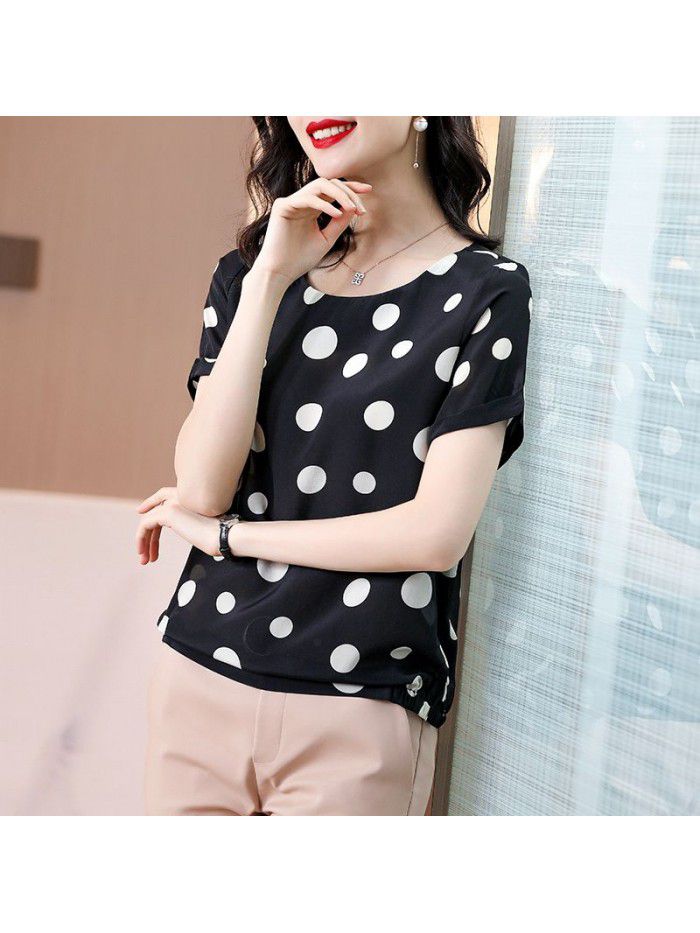 Silk short sleeve T-shirt  summer new French minority retro wave point casual versatile round neck top women's wear 