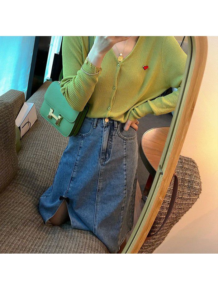 Guo Guo custom split skirt women's spring and summer  new high waist denim skirt A-line skirt bow small 